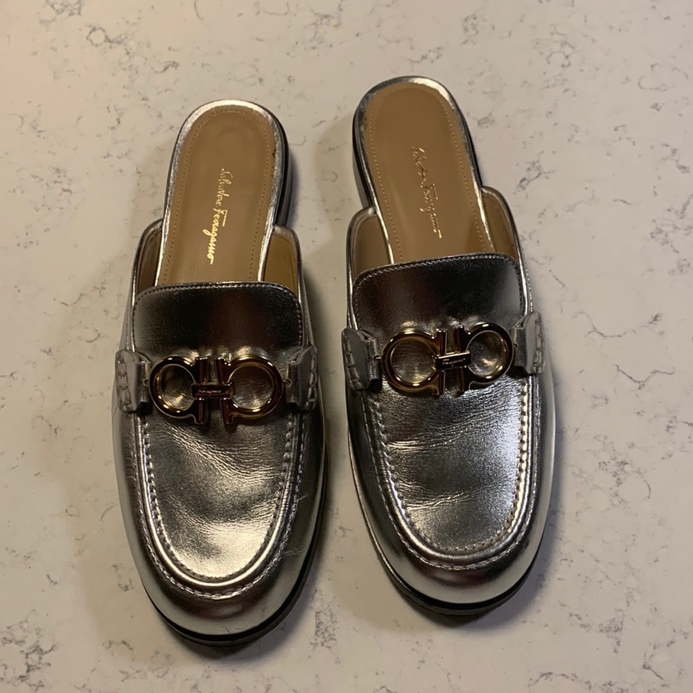 Salvatore Ferragamo Silver Slide Shoes Size 37.5